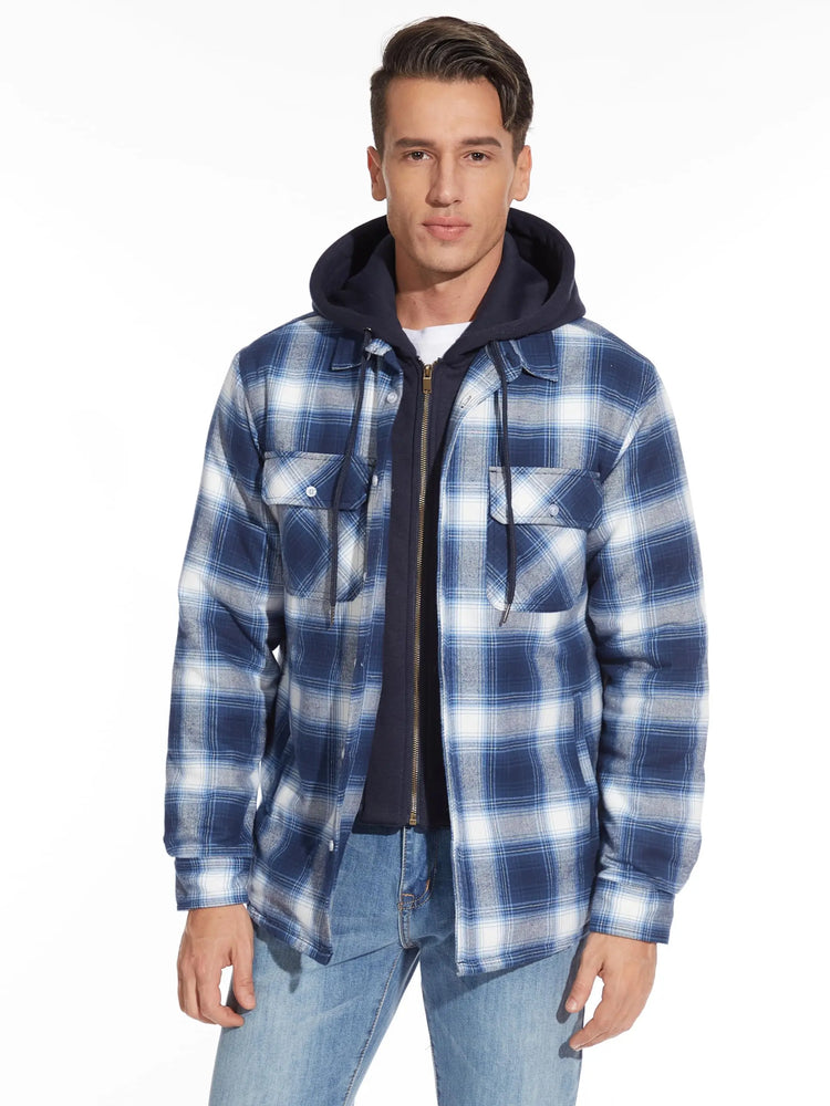 TACVASEN Men's Flannel Shirt Jacket with Removable Hood Plaid Quilted Lined Winter Coats Thick Hoodie Outwear Man Fleece Shirts
