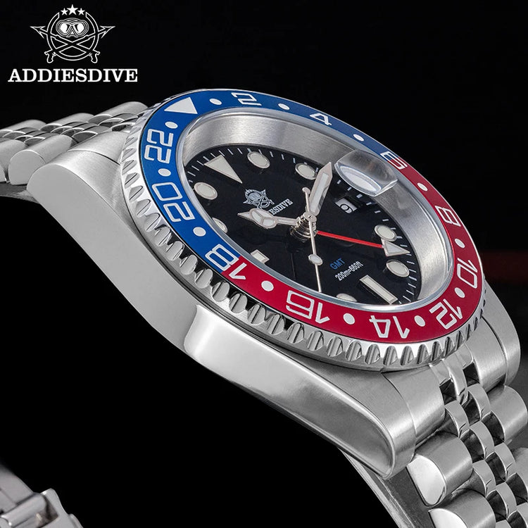 ADDIESDIVE New 40mm Luxury Men Business GMT Watch Swiss Ronda 515-24H Quartz Waterproof 200m Luminous Aluminum Ceramic Bezel
