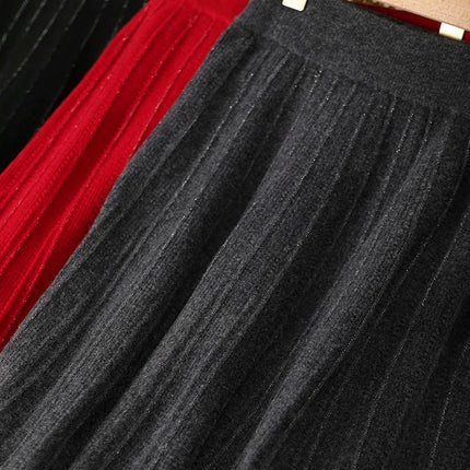 Women's Wool Skirts A-Line Pleated Cashmere Skirt Autumn Winter Elastic Waist 100% Merino Wool Knitted Bright Silk Style Dress PlatiNum