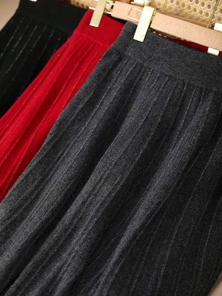 Women's Wool Skirts A-Line Pleated Cashmere Skirt Autumn Winter Elastic Waist 100% Merino Wool Knitted Bright Silk Style Dress PlatiNum