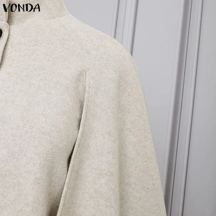 VONDA Autumn Women Capes Elegant Stand Collar Thin Cape Coat Solid Button Poncho OL Work Tops Office Streetwear Party Jackets