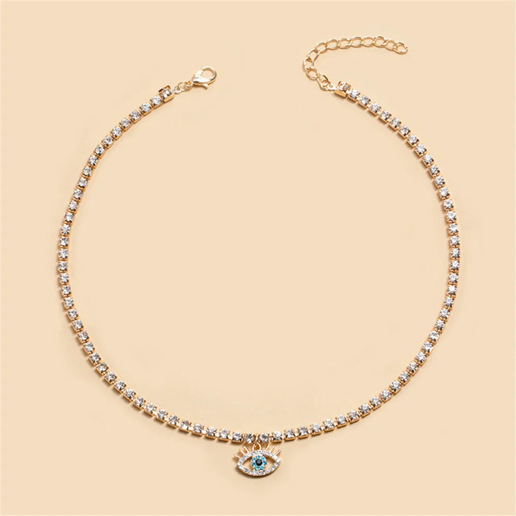 LXY-W Boho Fashion Gold-plate Simple Crystal Chain Eye Pendant Necklace For Women Vintage Female Choker Jewelry Gift Wholesale PlatiNum