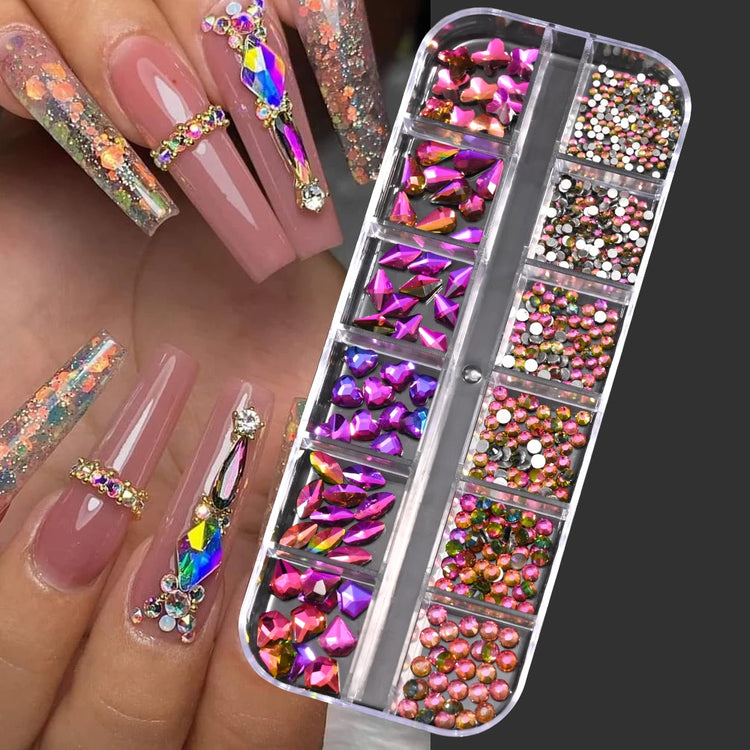 12 Grids Mixed Size Nail Rhinestones SS6 to SS30 Shiny Clear Gold Pink Blue Flat Back Glass Gems for DIY Nail Art Manicure Decoration Supply