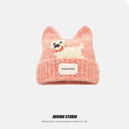 Cute Cartoon Kitten Ear Woolen Cap for Women Warm Cold-proof Autumn Winter Puppy Pattern Knitted Hat Fashion Sweet Crochet hats
