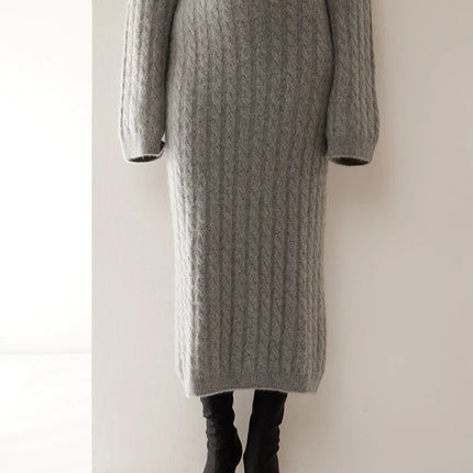 Autumn Winter 100% Cashmere Skirt Women Soild Mid-calf  High Waist Twist Flower Fit Slimming Knitted Dress  Light Luxury Elegant PlatiNum