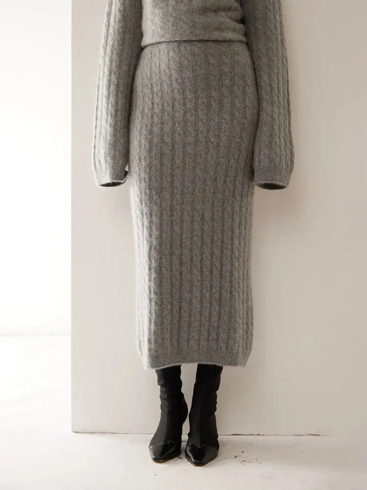 Autumn Winter 100% Cashmere Skirt Women Soild Mid-calf  High Waist Twist Flower Fit Slimming Knitted Dress  Light Luxury Elegant PlatiNum