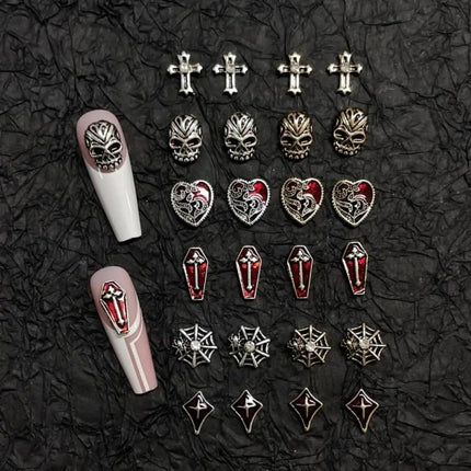 20PCS Alloy Dark Gothic Style Cross Skull Nail Art Decoration Punk Spider Web Coffin Nail Charm Accessories for DIY Crafts