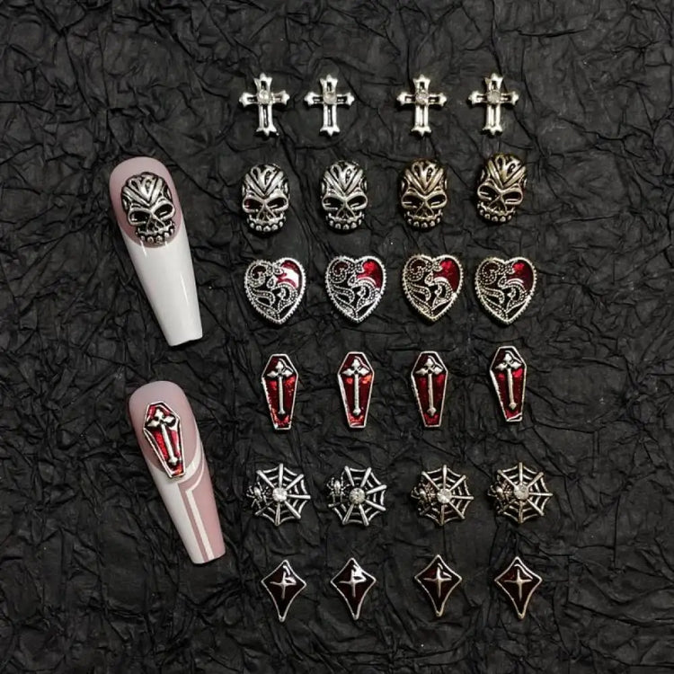 20PCS Alloy Dark Gothic Style Cross Skull Nail Art Decoration Punk Spider Web Coffin Nail Charm Accessories for DIY Crafts