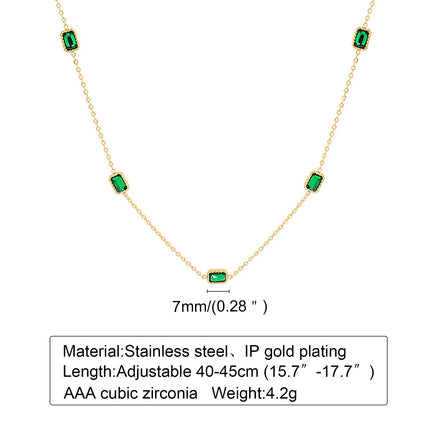 Retro Green Zircon Pendant Necklace For Women, Crystal Stone Chain Stainless Steel Gold Plated Luxury Birthday Gifts PlatiNum