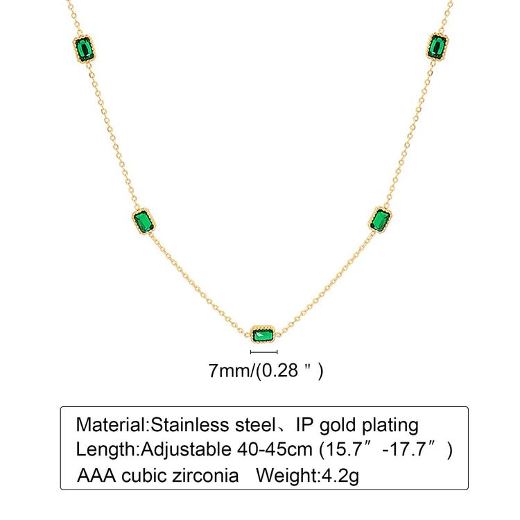 Retro Green Zircon Pendant Necklace For Women, Crystal Stone Chain Stainless Steel Gold Plated Luxury Birthday Gifts PlatiNum