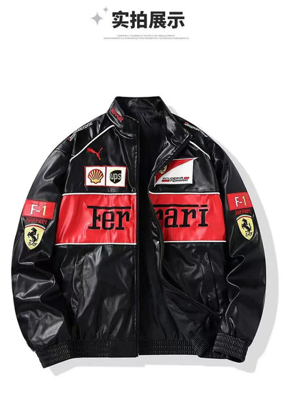 Giacca calda Ferrari F1 da uomo, look retrò motociclistico.