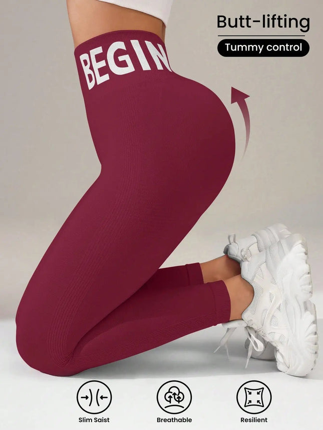 European and American Seamless Yoga Leggings with Waistband Lettering, Butt-Lifting, Quick-Dry Women's Breathable Tights for Pea PlatiNum