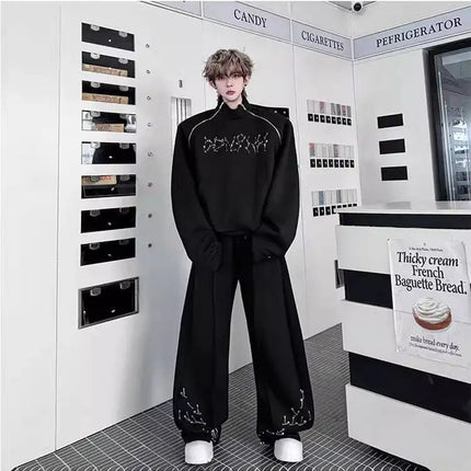 LUZHEN Fashion Street Two-piece Sets Men's Zipper Shoulder Design Long Sleeve Sweatshirt 2025 Autumn Loose Wide Leg Pants JY3912 PlatiNum
