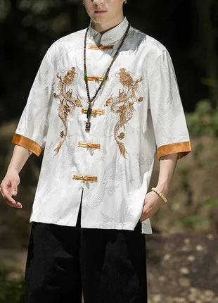 Camicia con ricamo drago dorato da uomo in seta di ghiaccio di alta qualità casual allentato a maniche corte top cardigan tradizionale kung fu retrò da uomo