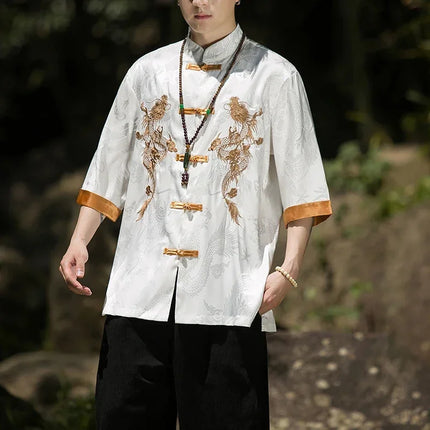 Camicia con ricamo drago dorato da uomo in seta di ghiaccio di alta qualità casual allentato a maniche corte top cardigan tradizionale kung fu retrò da uomo