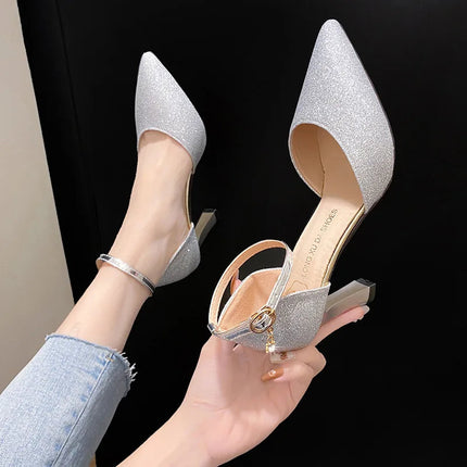 Bling Gold Silver Women Pumps 2023 Sexy Point Toe Thin Heel Party Wedding Shoes Womens Summer Ankle Strap 8cm High Heels Shoes PlatiNum