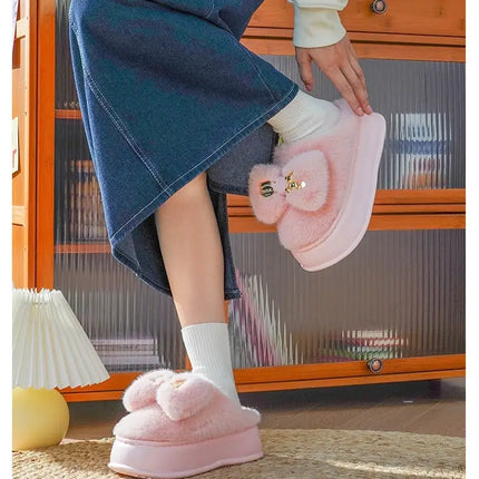 New Pink Bow Slippers Winter Women's Shoes Thick Sole Fuzzy Slippers for Home Mules Shoes Woman Fluffy Metal Bear House Slipper