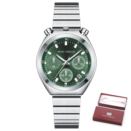 MINI FOCUS Orologio al quarzo verde argento per donna Orologio da polso cronografo con cinturino in acciaio inossidabile moda con lancette luminose Data 0491 platinumshop