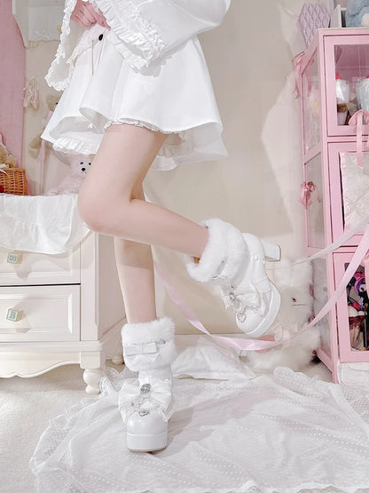 Original Japanese Sweet Cute Style Versatile Bow High Heel Boots Autumn Winter Mass-Produced Rhinestones Fur Short Boots