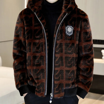 Autumn Winter Faux Fur Hooded Jacket Men Fashion Social Faux Mink Fur Casual Business Jacket Thick Warm Outdoor Windproof Coat
