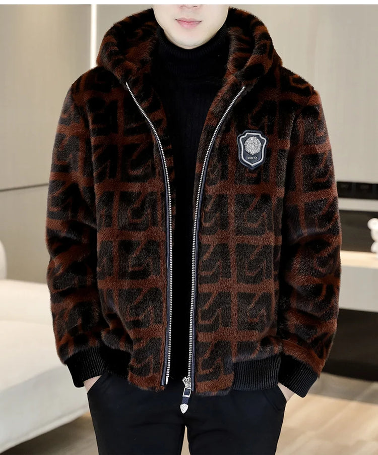 Autumn Winter Faux Fur Hooded Jacket Men Fashion Social Faux Mink Fur Casual Business Jacket Thick Warm Outdoor Windproof Coat