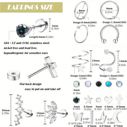 Drperfect 1pc orecchini chirurgici in acciaio inossidabile per donna uomo orecchini con retro piatto orecchini con cartilagine orecchini a cerchio con Piercing platinumshop