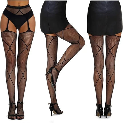 Calze a rete sexy da donna da 3 pezzi Collant con reggicalze alti fino alla coscia con reggicalze Design con motivo scavato per uso occasionale