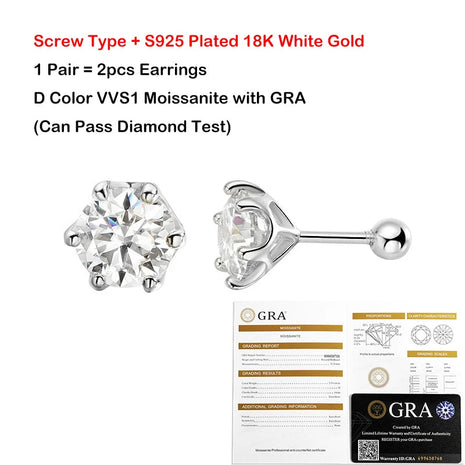 EWYA 0.2/0.5/2ct D Colore Moissanite Orecchini a vite per donna Uomo Argento 925 placcato 18K Pass Diamond Test 6 Prong Orecchino platinumshop