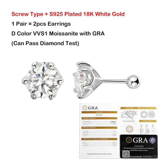 EWYA 0.2/0.5/2ct D Colore Moissanite Orecchini a vite per donna Uomo Argento 925 placcato 18K Pass Diamond Test 6 Prong Orecchino platinumshop