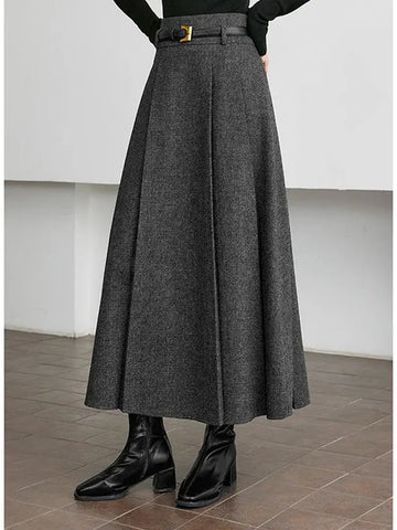 VIMLY Elegant Wool Blend Pleated Maxi Skirt for Women 2025 Winter High Waist Stereo Heavy Duty Skirt Office Lady Clothes M9173 PlatiNum