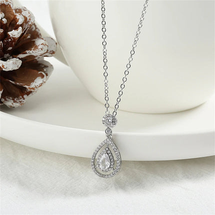 ZAKOL Simple Geometric Crystal White Zircon Pendant Necklace For Women Silver-Color Wedding Party Jewelry Gift With Box PlatiNum