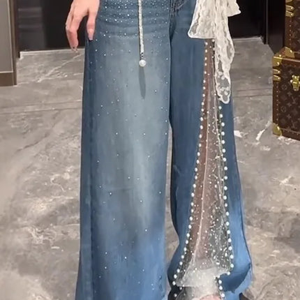 2025 Autunno Inverno Pantaloni in denim da donna Mesh Patchwork Y2K Streetwear Jeans larghi Grunge giapponese Harajuku Cowboy Tide Designer