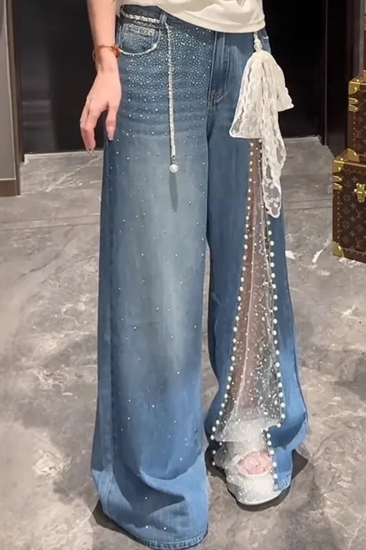 2025 Autunno Inverno Pantaloni in denim da donna Mesh Patchwork Y2K Streetwear Jeans larghi Grunge g
