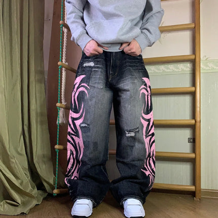 Women's Denim Jeans Wide Leg Long Pants High Waist Straight Hole Pants Y2k Streetwear Print Mom Jeans Casual Loose 2025
