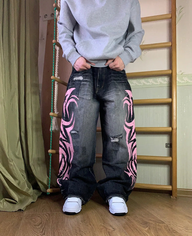Pantaloni in denim Jeans da donna Pantaloni lunghi a gamba larga Pantaloni dritti a vita alta con foro Y2k Streetwear Stampa Jeans mamma Casual Allentati 2025