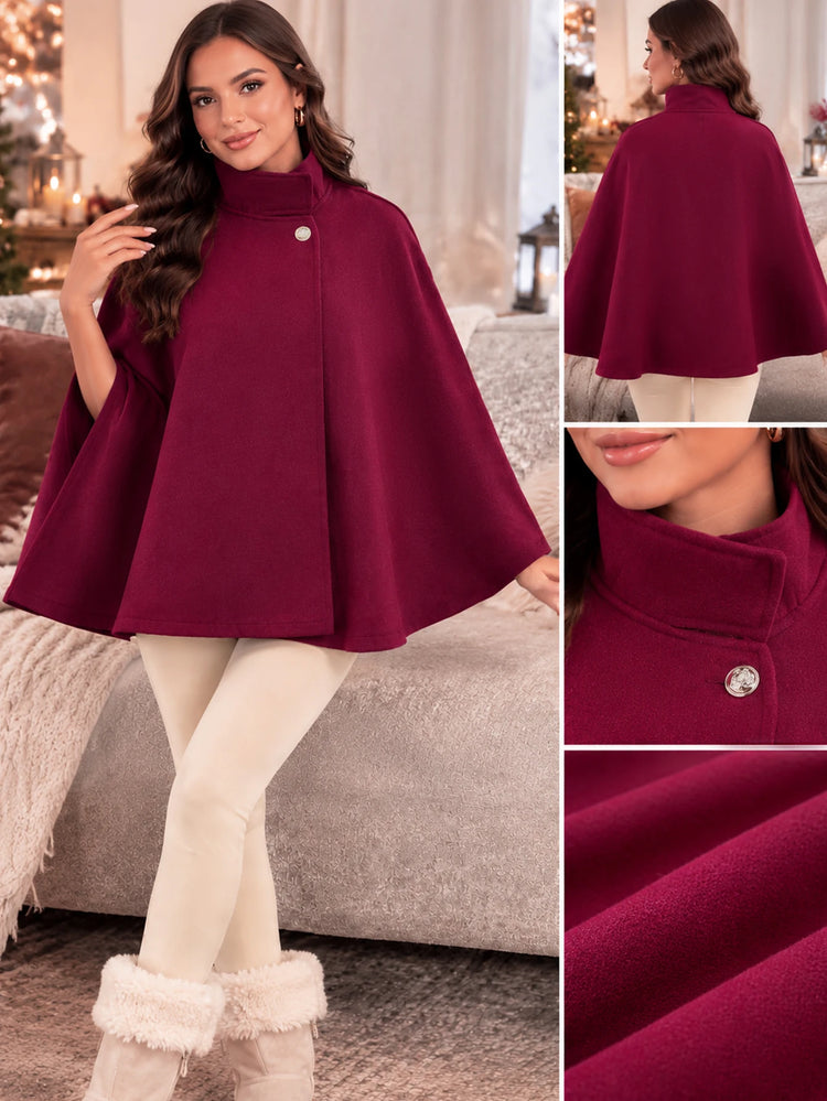 Women's Autumn and Winter Solid Color Elegant Cape with Gold Buttons and Belt Design