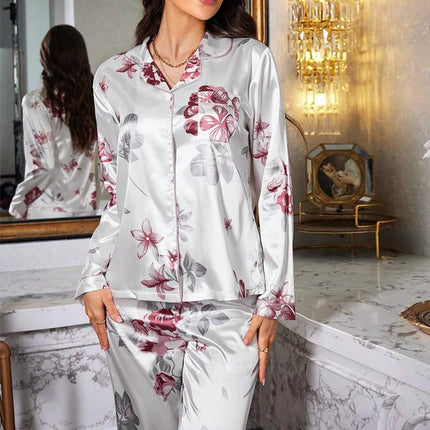 Pigiama da donna con stampa floreale color block, maniche lunghe e pantaloni in raso per un sonno confortevole, morbido pigiama e pigiama da notte