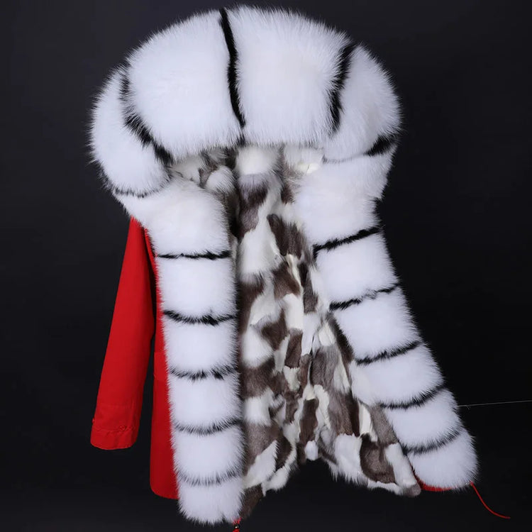 Winter Long Jacket Real Fur Coat Women Clothes Large Silver Fox Fur Collar Detachable Natural Fox Lining Parkas Leather Fur