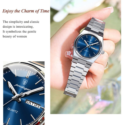 POEDAGAR Top squisito orologio da polso da donna impermeabile al quarzo luminoso orologio da donna casual data settimana orologi da donna in acciaio inossidabile platinumshop