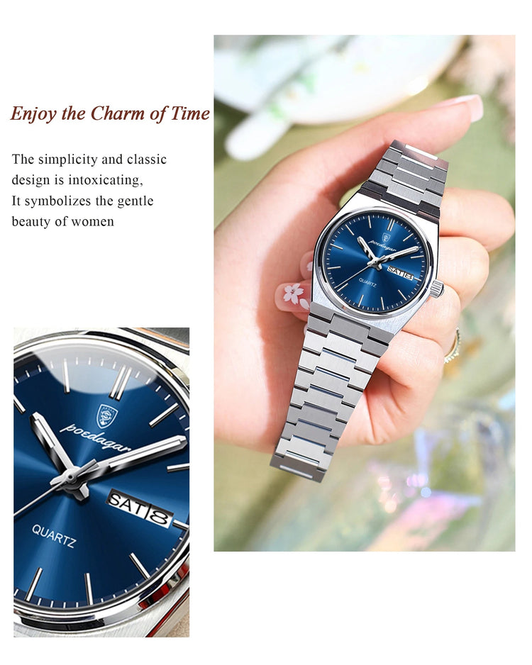 POEDAGAR Top squisito orologio da polso da donna impermeabile al quarzo luminoso orologio da donna casual data settimana orologi da donna in acciaio inossidabile platinumshop