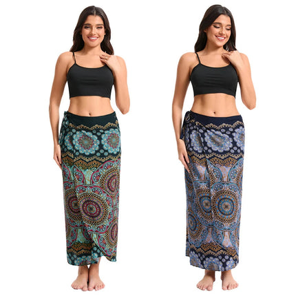 Abito da donna Boho Maxi Wrap Gonna lunga con allacciatura Abito da spiaggia Copricostume Abito vintage bohémien regolabile a vita alta in rayon platinumshop