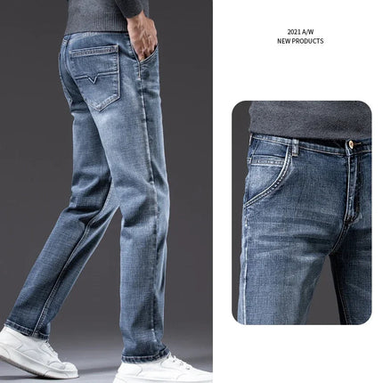 Autumn Men's Business Straight Fit Jeans Vintage Blue Smoke Gray Stretch Trousers Soft Comfortable Fabric Denim Pants Male PlatiNum
