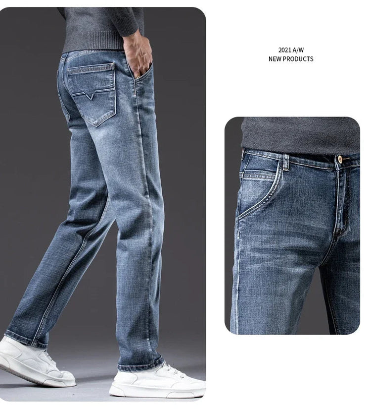 Autumn Men's Business Straight Fit Jeans Vintage Blue Smoke Gray Stretch Trousers Soft Comfortable Fabric Denim Pants Male PlatiNum