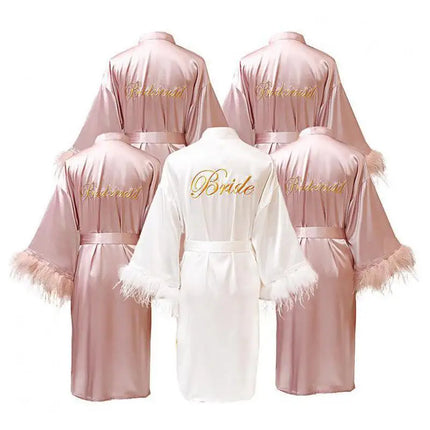 Donna piuma sposa damigella d'onore abito da sposa raso Kimono accappatoio abito da notte ricamo lettera camicia da notte scollo a v Lingerie