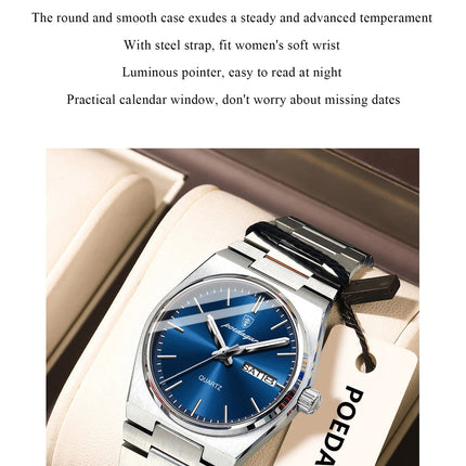 POEDAGAR Top squisito orologio da polso da donna impermeabile al quarzo luminoso orologio da donna casual data settimana orologi da donna in acciaio inossidabile platinumshop