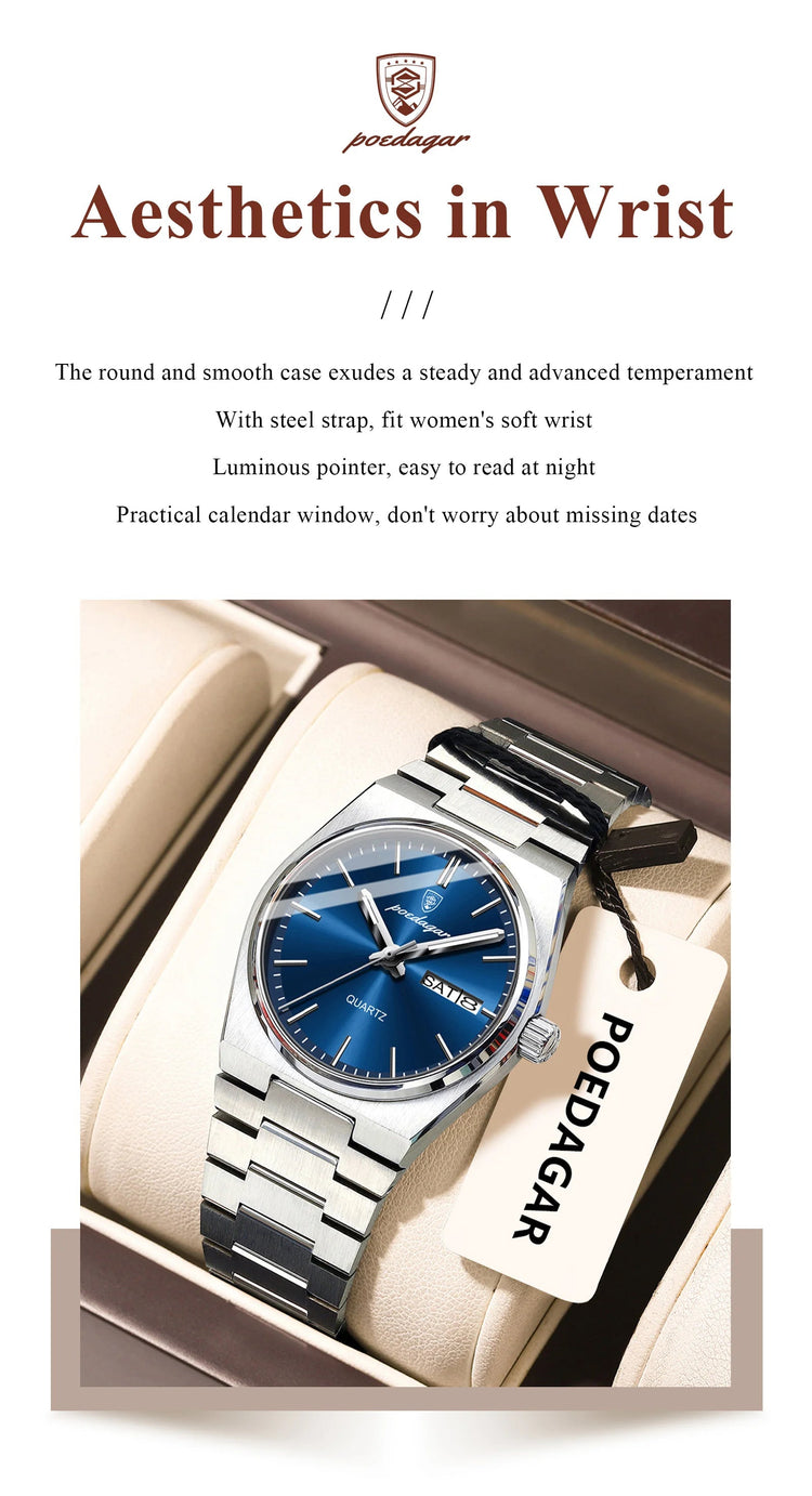 POEDAGAR Top squisito orologio da polso da donna impermeabile al quarzo luminoso orologio da donna casual data settimana orologi da donna in acciaio inossidabile platinumshop