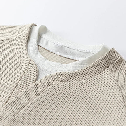 Spring and Autumn New Men Henley neck T Shirt Long Sleeve Casual  Solid color T-Shirt Fashion Waffle Fake two-piece Sweatshirts PlatiNum