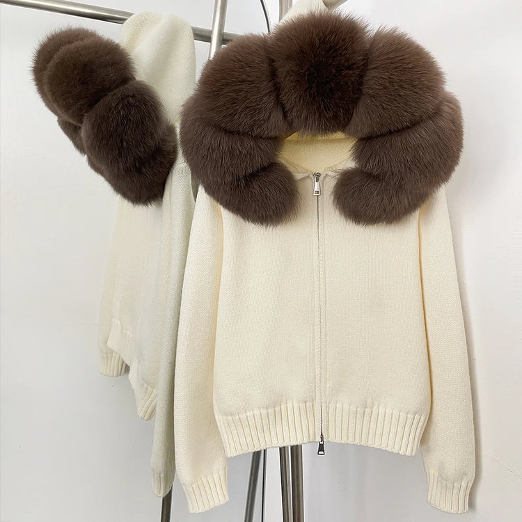 OFTBUY Real Fox Fur Kintwear Women New Spring Autumn Hooded Sweater Female Loose Zipper Kintted Jacket Oversized Cardigan