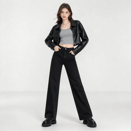 Minimalist black high-waisted straight-leg women’s jeans, in a relaxed-fit black denim with an elegant, casual style, perfect for a casual office look and versatile everyday wear FX-1338-1