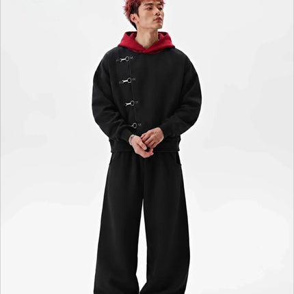 Y2K Red Itadori Hoodie Oversized Black Red Spliced Metal Button Casual Sweatshirt Trendy and Simple Men Women Streetwear Jacket